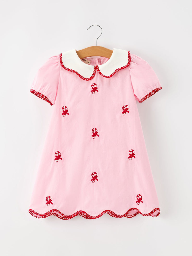 Christmas Girls Pink Candy Cane Embroidered Peter Pan Collar Dress - 1