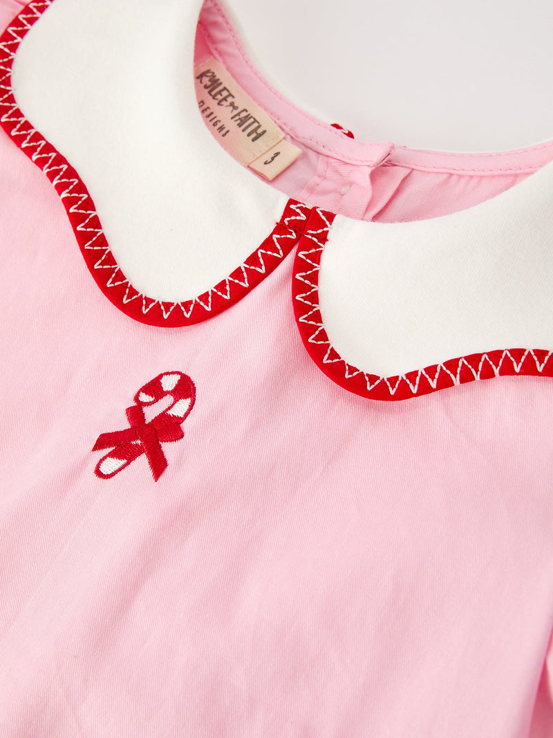Christmas Girls Pink Candy Cane Embroidered Peter Pan Collar Dress - 3