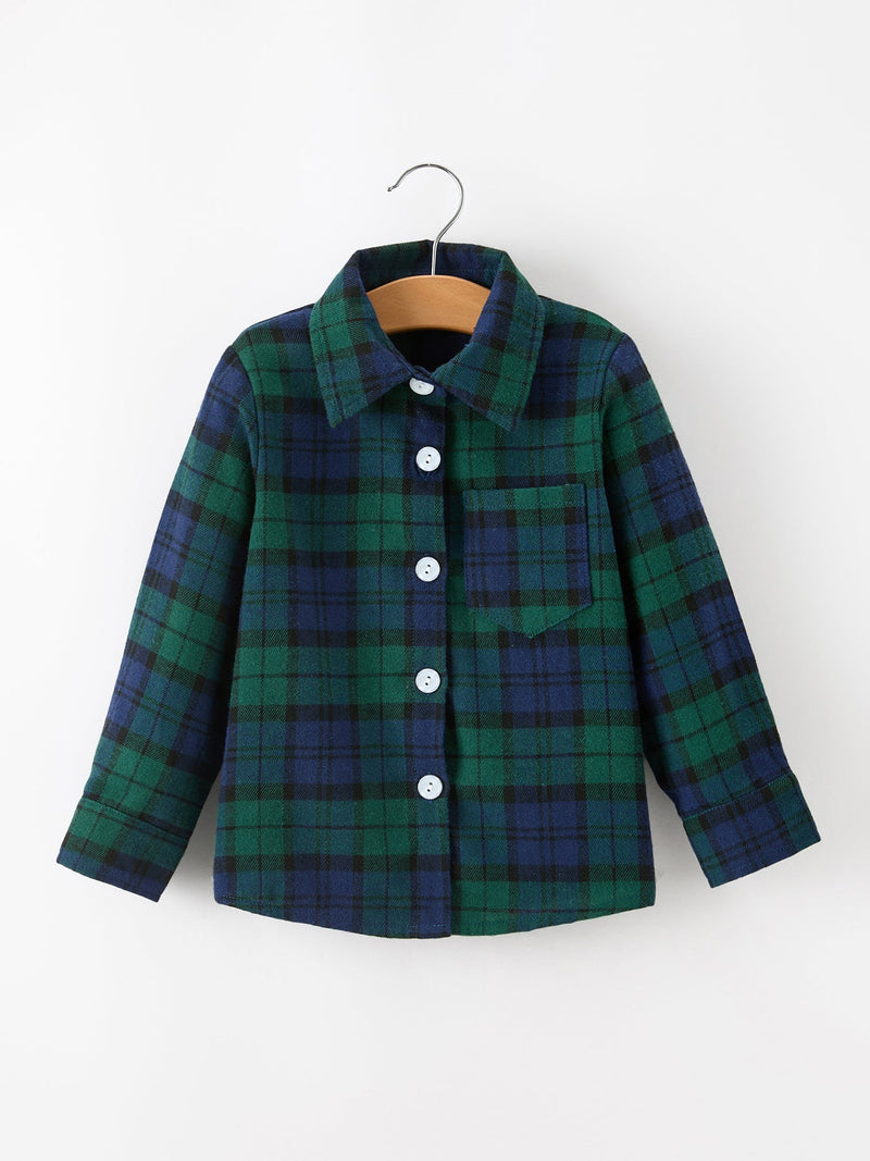 Christmas Boys Green & Navy Plaid Button Down Shirt - 1
