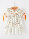 Halloween Pumpkin Smocked Girls Dress Polka Dot Ruffle Sleeve - 1