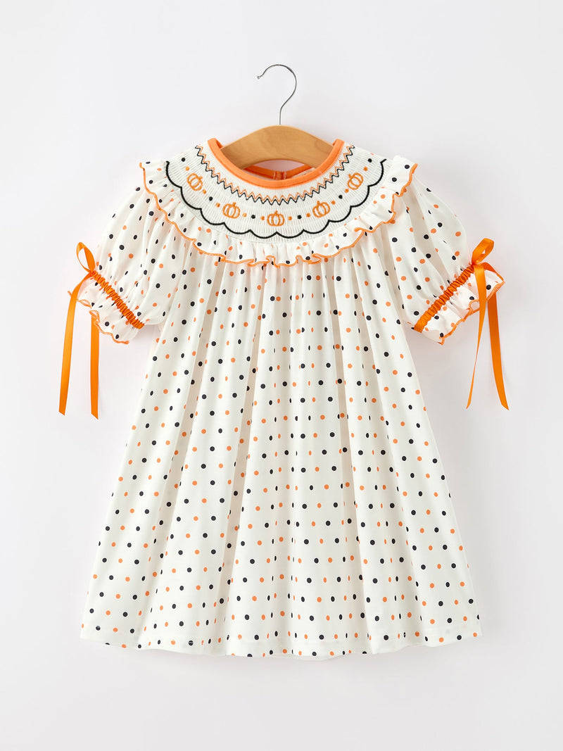 Halloween Pumpkin Smocked Girls Dress Polka Dot Ruffle Sleeve - 1