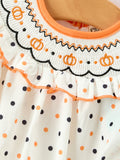 Halloween Pumpkin Smocked Girls Dress Polka Dot Ruffle Sleeve - 3
