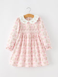 FALL Girls Pink Floral Embroidered Collar Smocked Dress - 1