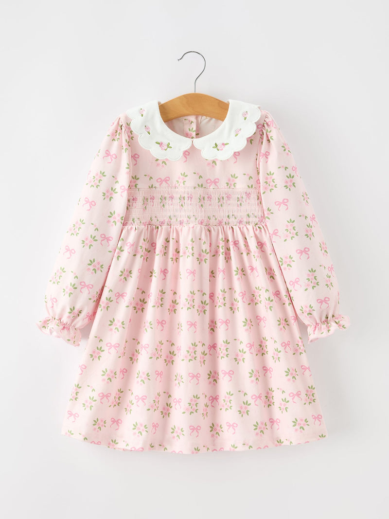 FALL Girls Pink Floral Embroidered Collar Smocked Dress - 1