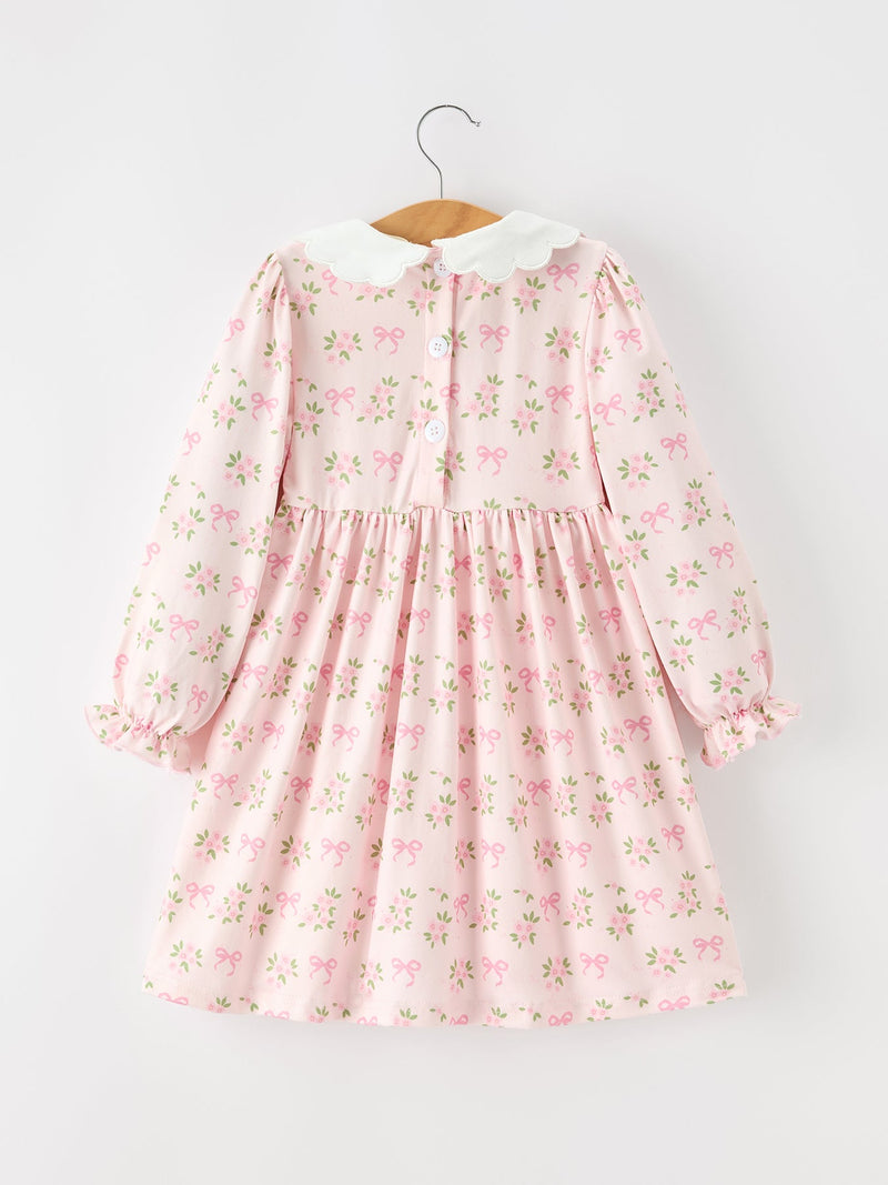 FALL Girls Pink Floral Embroidered Collar Smocked Dress - 2