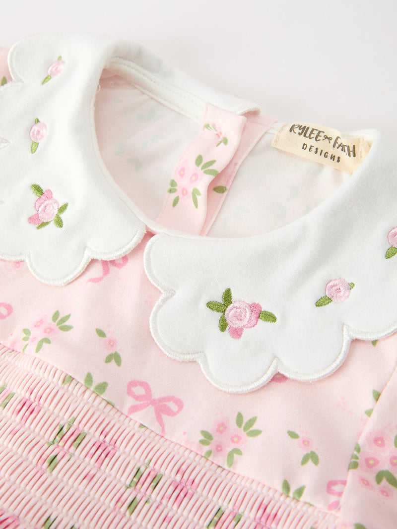 FALL Girls Pink Floral Embroidered Collar Smocked Dress - 3
