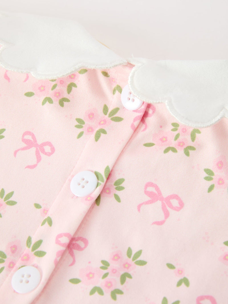 FALL Girls Pink Floral Embroidered Collar Smocked Dress - 5