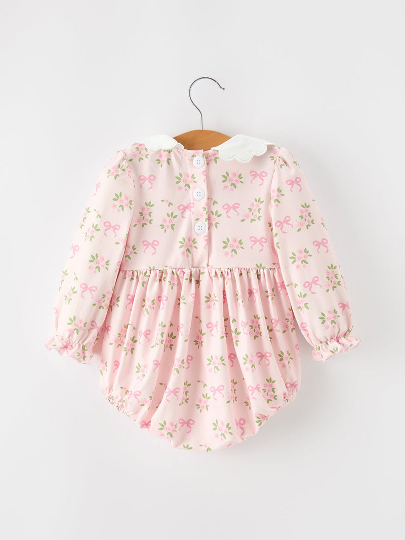 FALL Baby Girls Pink Floral Embroidered Collar Smocked Romper - 2