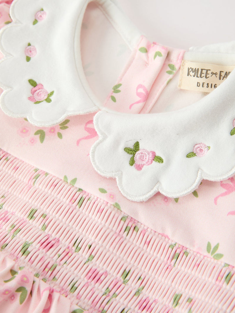 FALL Baby Girls Pink Floral Embroidered Collar Smocked Romper - 3