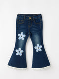 FALL Girls Floral Appliqué Denim Bell Bottom Jeans - 1