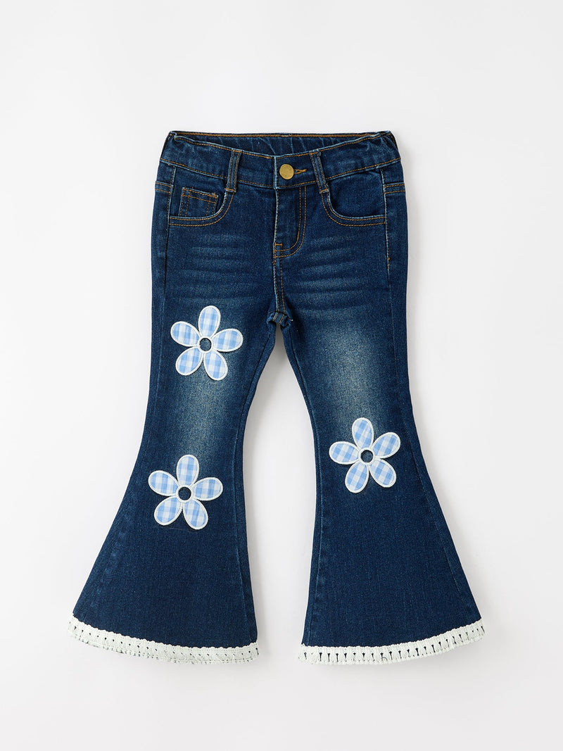 FALL Girls Floral Appliqué Denim Bell Bottom Jeans - 1