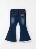 FALL Girls Floral Appliqué Denim Bell Bottom Jeans - 2