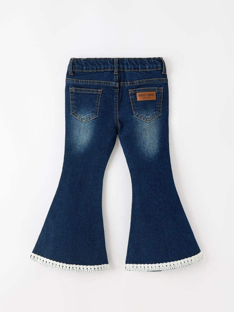 FALL Girls Floral Appliqué Denim Bell Bottom Jeans - 2