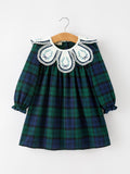 Christmas Girls Green & Navy Plaid Embroidered Collar Dress - 1