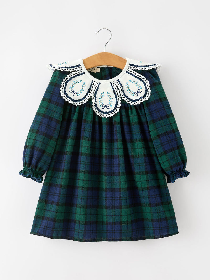 Christmas Girls Green & Navy Plaid Embroidered Collar Dress - 1