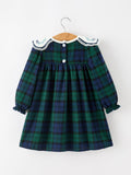 Christmas Girls Green & Navy Plaid Embroidered Collar Dress - 2