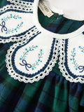 Christmas Girls Green & Navy Plaid Embroidered Collar Dress - 3