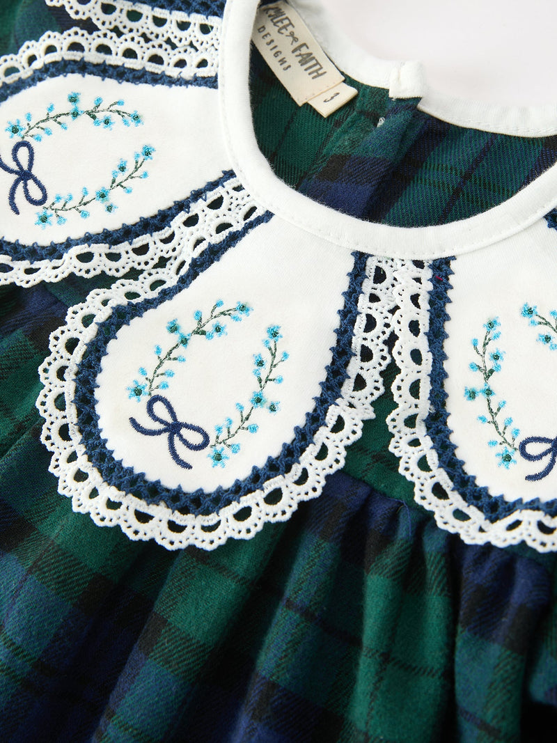 Christmas Girls Green & Navy Plaid Embroidered Collar Dress - 3