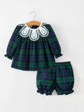 Christmas Girls Green & Navy Plaid Embroidered Bloomer Set - 1