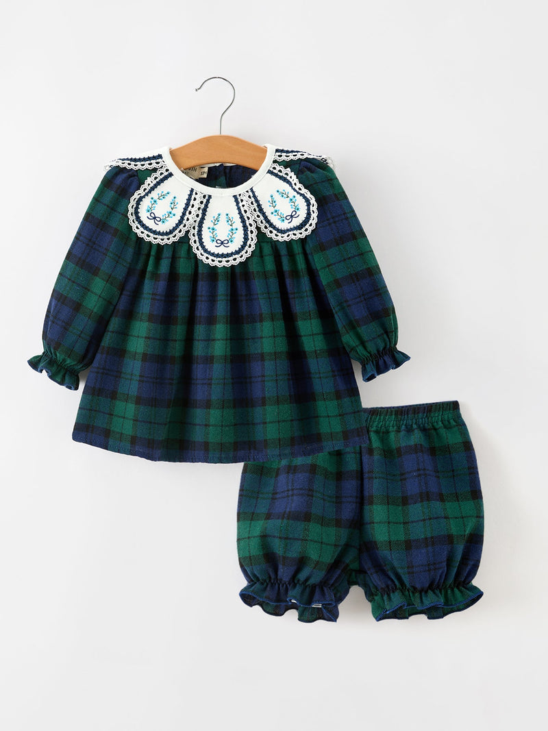 Christmas Girls Green & Navy Plaid Embroidered Bloomer Set - 1