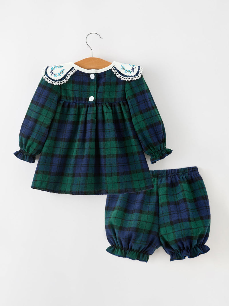 Christmas Girls Green & Navy Plaid Embroidered Bloomer Set - 2