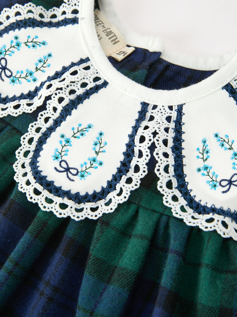 Christmas Girls Green & Navy Plaid Embroidered Bloomer Set - 3