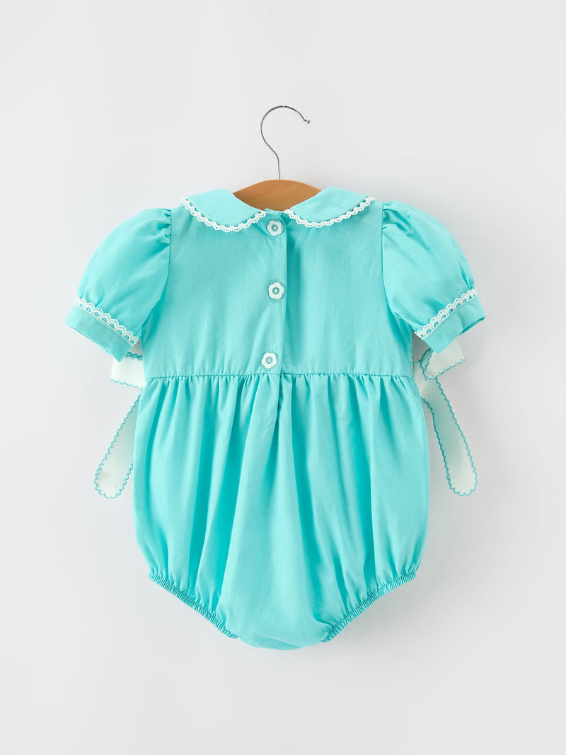 FALL Girls Aqua Smocked Floral Bow Bubble Romper - 2