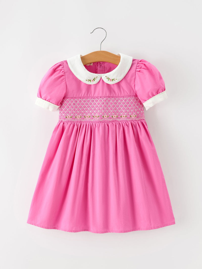 FALL Girls Hot Pink Floral Embroidered Smocked Dress - 1