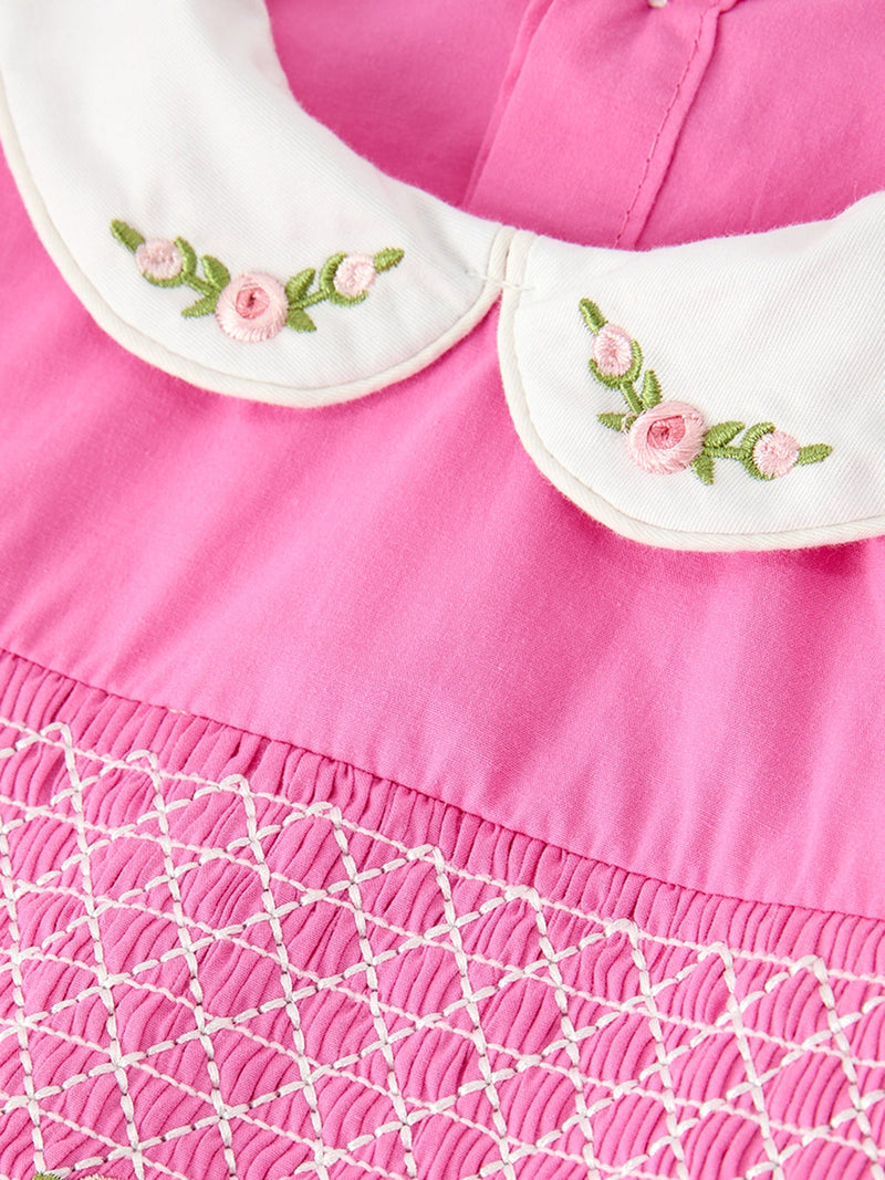 FALL Girls Hot Pink Floral Embroidered Smocked Dress - 5