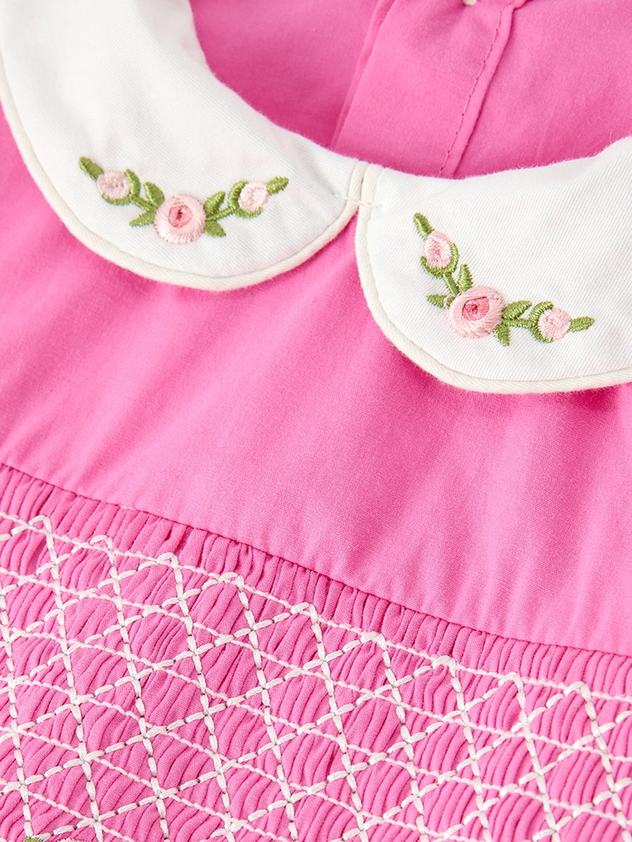 FALL Girls Hot Pink Floral Embroidered Smocked Dress