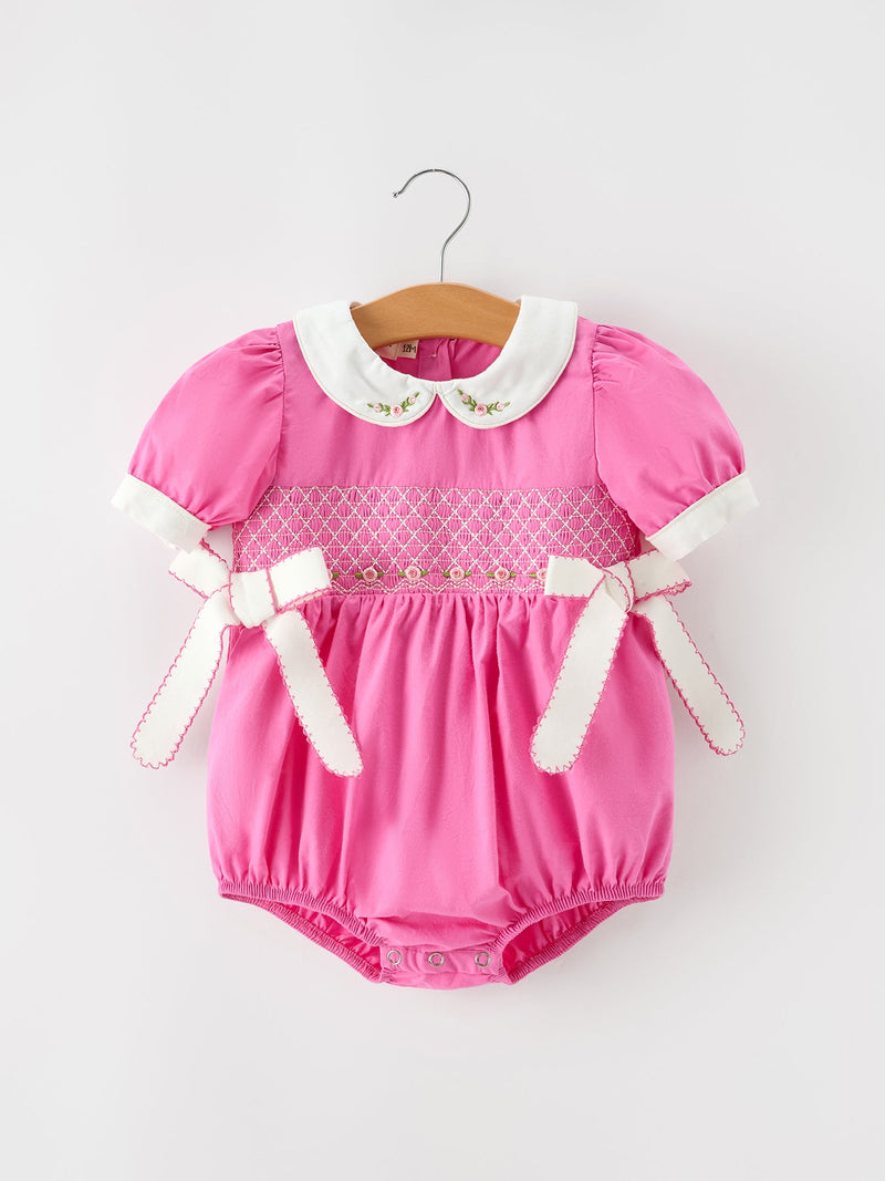 FALL Girls Hot Pink Floral Smocked Bow Bubble Romper - 1