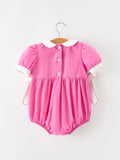 FALL Girls Hot Pink Floral Smocked Bow Bubble Romper - 2