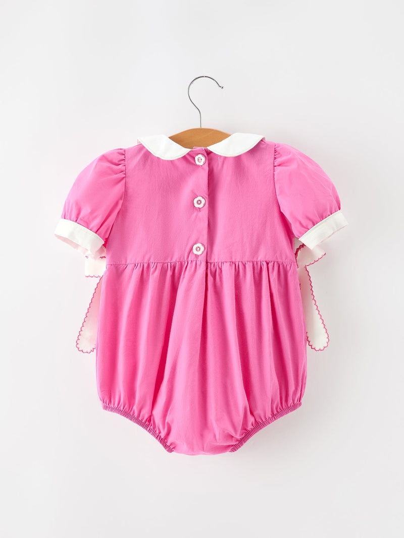 FALL Girls Hot Pink Floral Smocked Bow Bubble Romper - 2