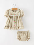 FALL Girls Khaki Plaid Floral Embroidered Bloomer Set - 1
