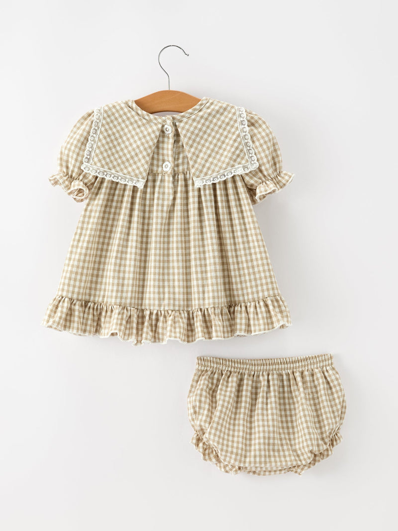 FALL Girls Khaki Plaid Floral Embroidered Bloomer Set - 2