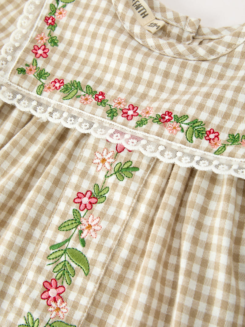 FALL Girls Khaki Plaid Floral Embroidered Bloomer Set - 4