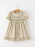 Fall Girls Khaki Plaid Floral Embroidered Dress - 1