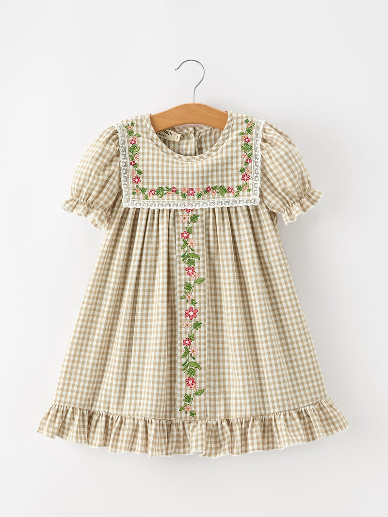 Fall Girls Khaki Plaid Floral Embroidered Dress - 1