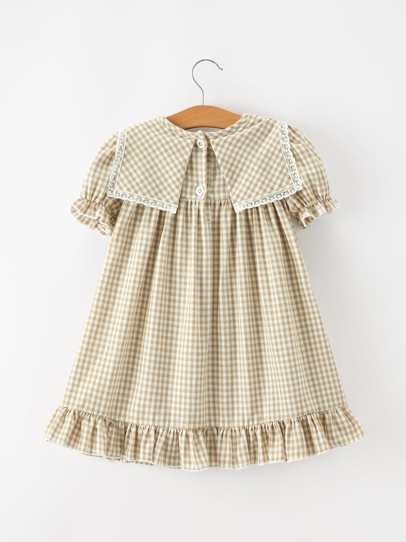 Fall Girls Khaki Plaid Floral Embroidered Dress - 2