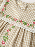 Fall Girls Khaki Plaid Floral Embroidered Dress - 3