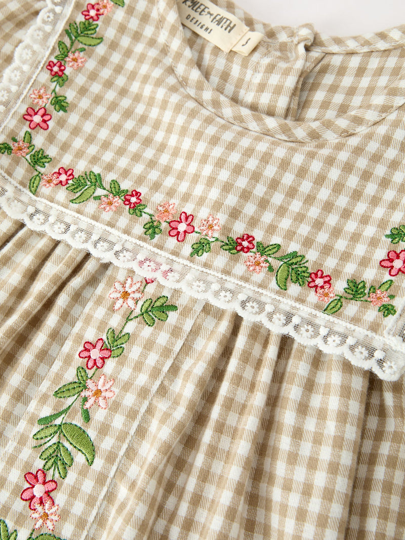 Fall Girls Khaki Plaid Floral Embroidered Dress - 3