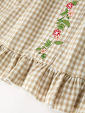 Fall Girls Khaki Plaid Floral Embroidered Dress - 4