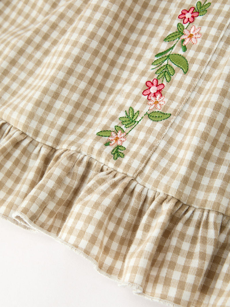 Fall Girls Khaki Plaid Floral Embroidered Dress - 4