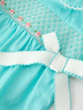 FALL Girls Aqua Smocked Floral Bow Bubble Romper - 3