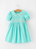 FALL Girls Aqua Floral Embroidered Smocked Dress - 1