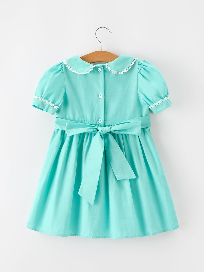 FALL Girls Aqua Floral Embroidered Smocked Dress - 2