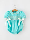 FALL Girls Aqua Smocked Floral Bow Bubble Romper - 1