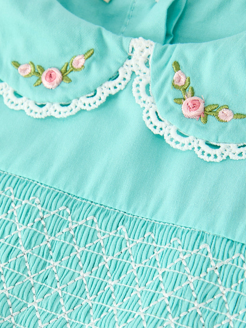 FALL Girls Aqua Floral Embroidered Smocked Dress - 3
