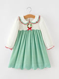 Girls Christmas Green Plaid Embroidered Long Sleeve Dress - 1