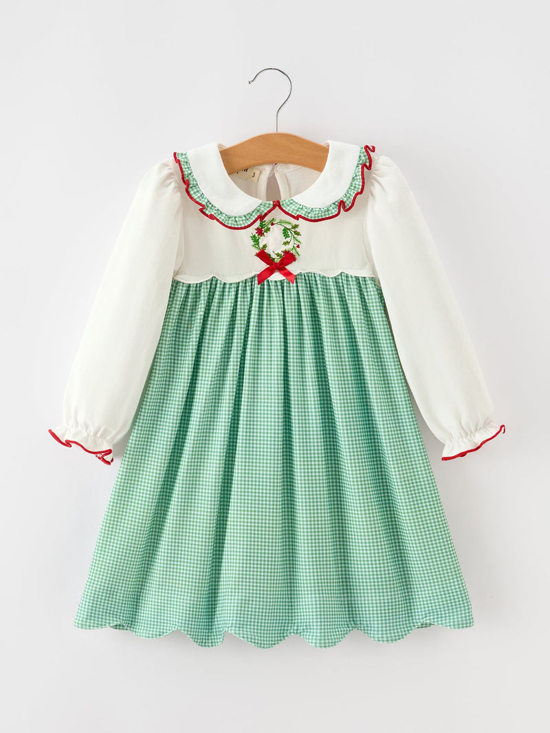 Girls Christmas Green Plaid Embroidered Long Sleeve Dress - 1